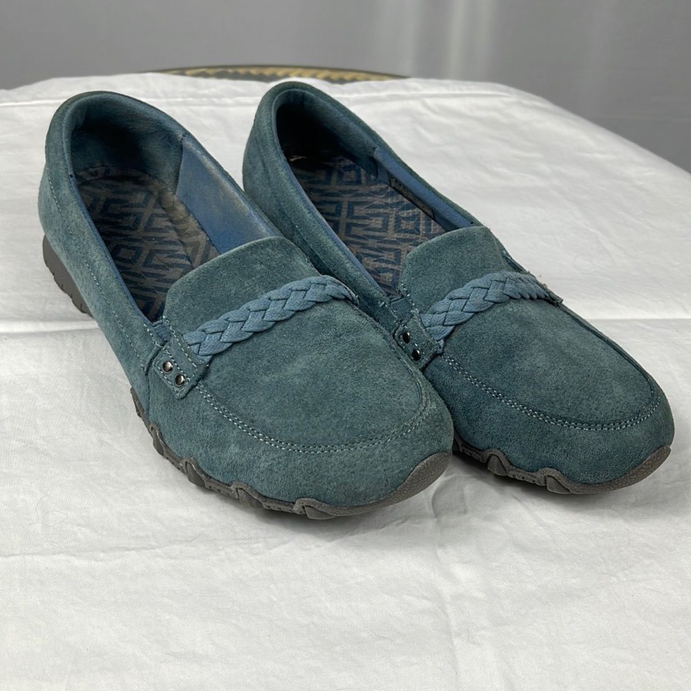 Skechers Blue Suede Shoes Loafers Slip On Braid Detail Cushioned Footbed…